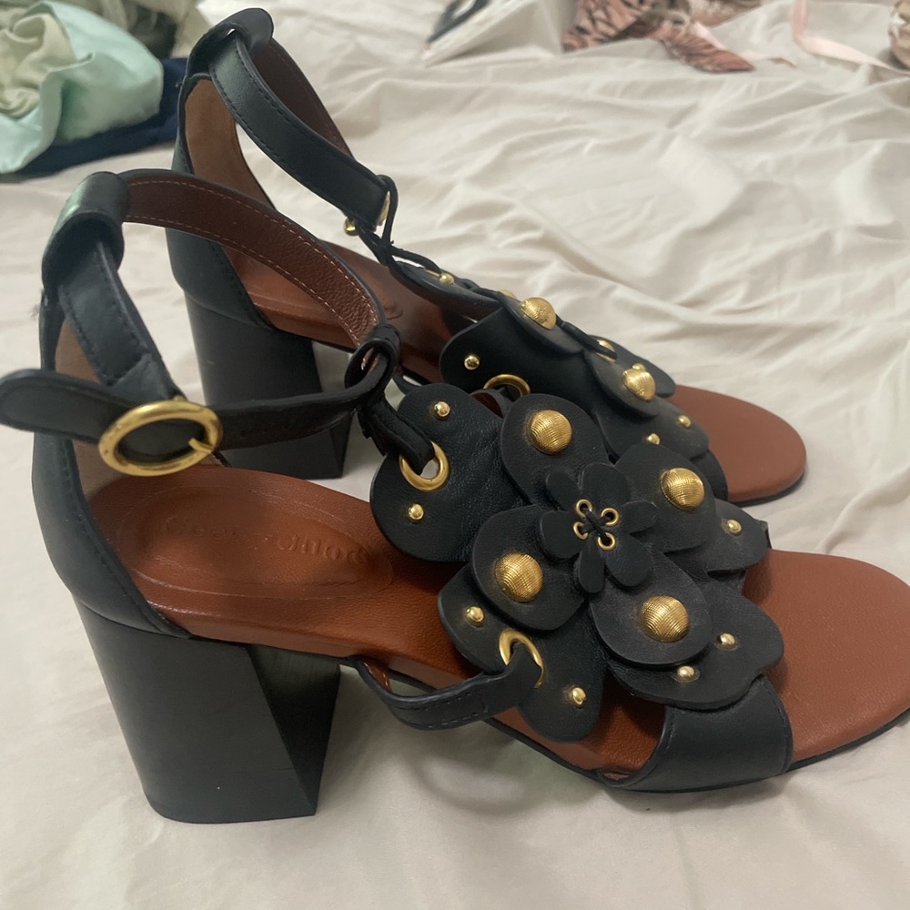 See by Chloe Floral Stud Haya Block Heels NEVER WORN